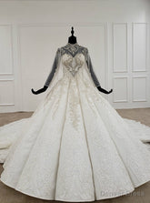 White Ball Gown Lace Appliques High Neck Beading Crystal Wedding Dress